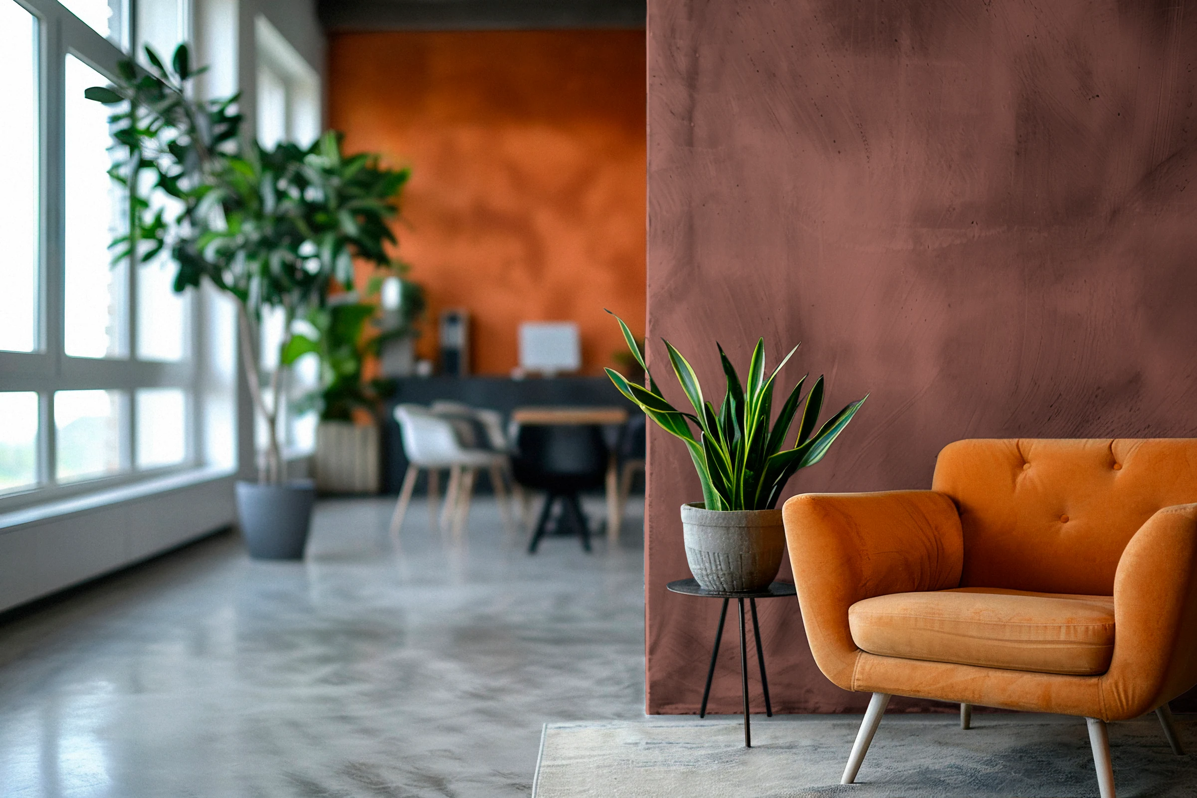 Lounge with a wall painted in WORK SPACE Porpora