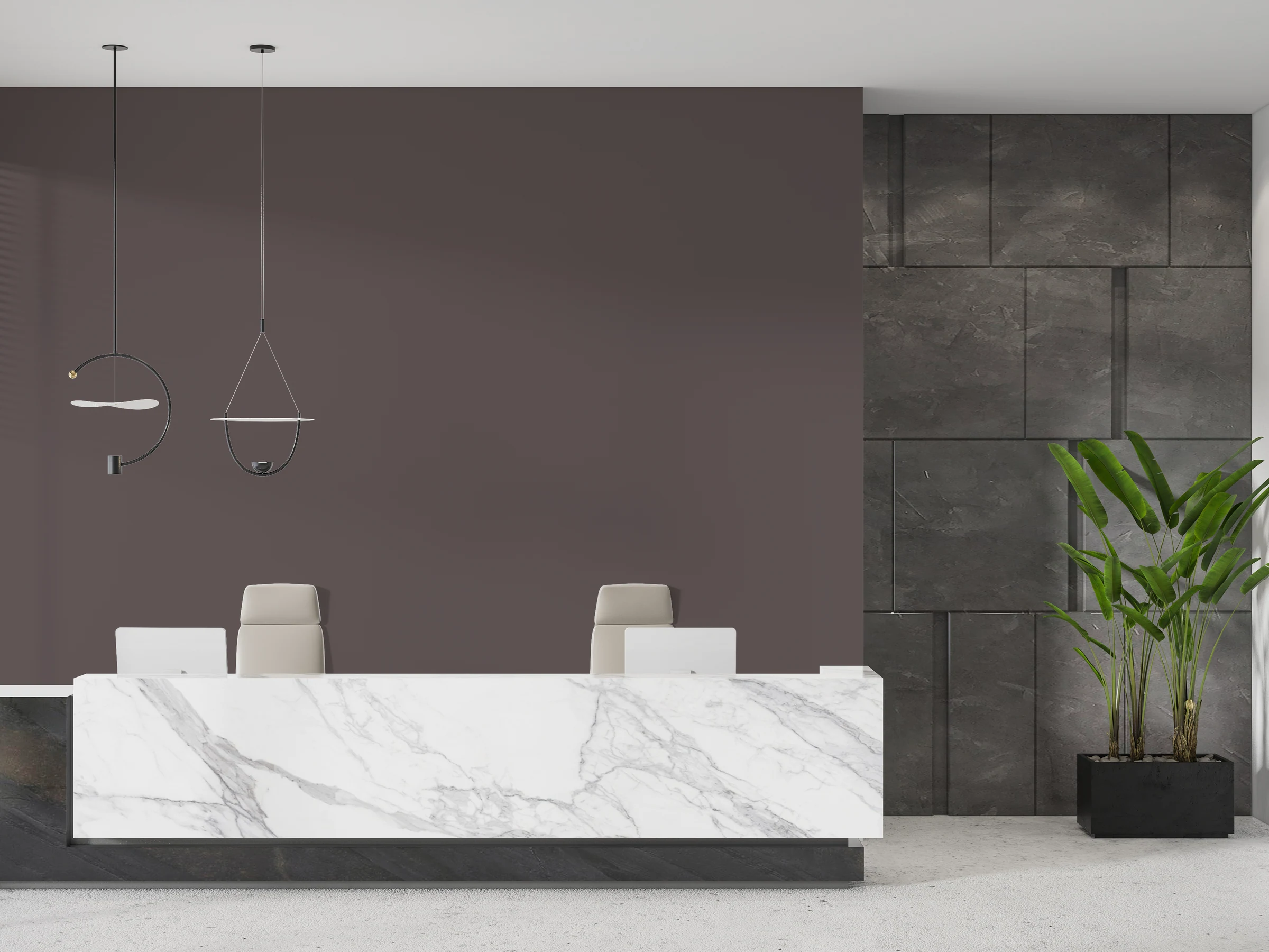 Marble reception with a wall painted in WORK SPACE Wood